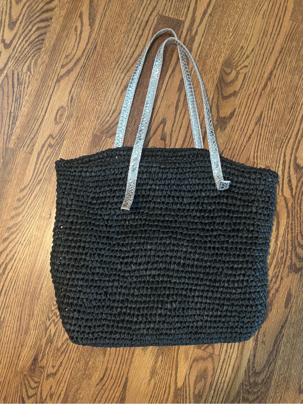 Magid Black Paper Straw Crochet Tote Bag with Silver Textured Straps